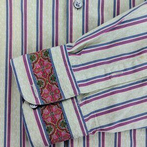 Robert Graham XL Beige with Blue & Dk Pink Stripe Button Down Shirt